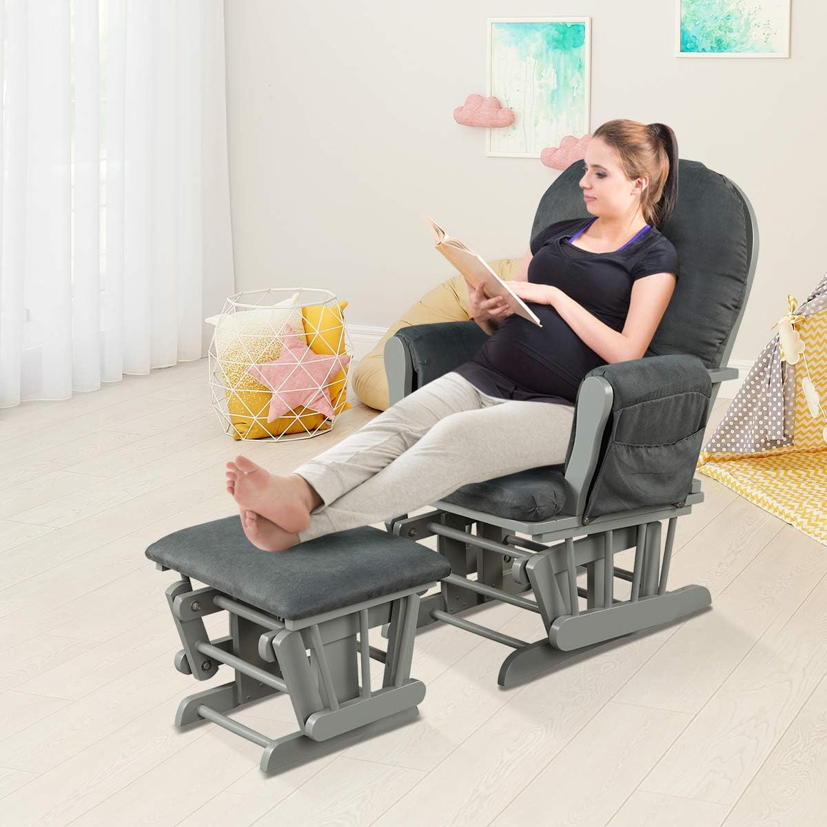 Costzon Nursery Glider with Ottoman, Upholstered Comfort Glider Rocker with Padded Cushion, Storage Pocket, Solid Wood Base, Rocking Chair Nursery for Breastfeeding, Napping (Light Gray)