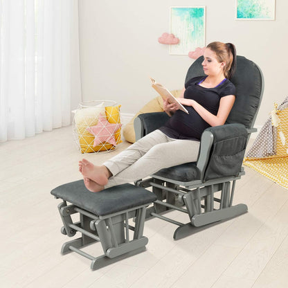 Costzon Nursery Glider with Ottoman, Upholstered Comfort Glider Rocker with Padded Cushion, Storage Pocket, Solid Wood Base, Rocking Chair Nursery for Breastfeeding, Napping (Light Gray)