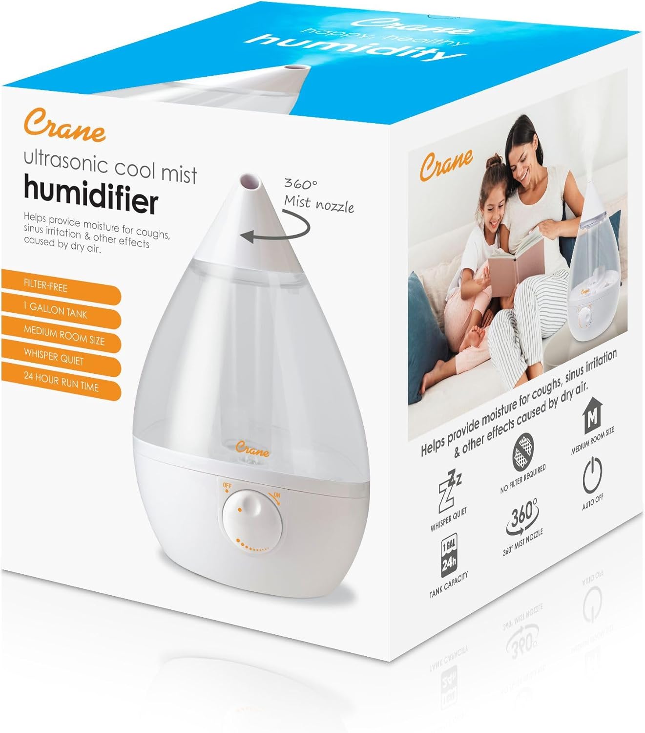 Crane Ultrasonic Cool Mist Humidifier for Bedroom, Baby Nursery, Kids Room, Plants, or Office, Large 1 Gallon Tank, Filter Optional, Clear and White