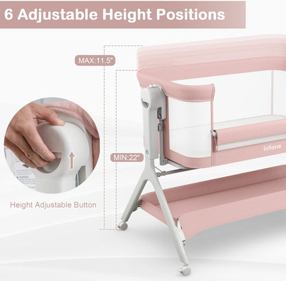 INFANS 5 in 1 Baby Bassinet, Upgraded Rocking Bedside Sleeper with Wheels, Storage Basket, Travel Bag, Mosquito Net, Height Adjustable, Portable All Mesh Crib for Newborn/Infant (Pink)