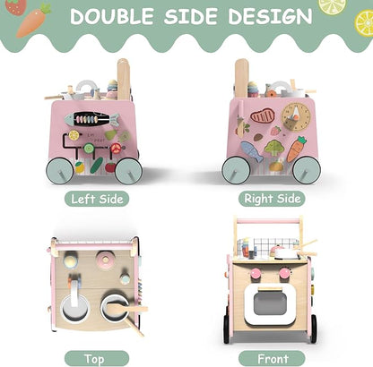 Gigglegems Wooden Baby Walker 4-in-1 with Push Walker Toys, Play Kitchen Accessories, Toddlers Montessori Sensory Toys, Walking Toys for Baby Girls Boys Learning to Walk