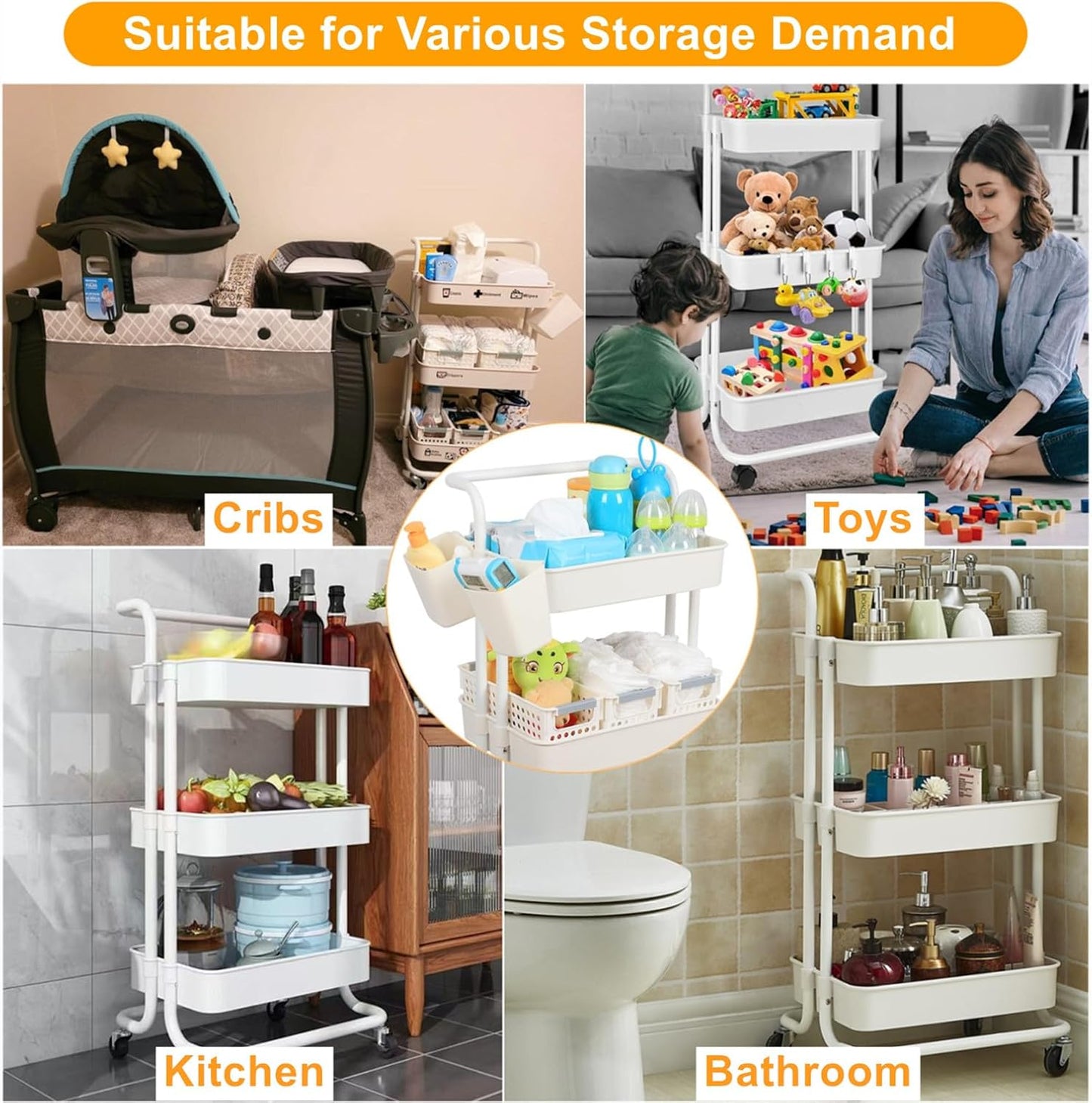 Baby Diaper Caddy Organizer Cart, 3-Tier Mobile Utility Rolling Cart with Baskets and Hanging Cups, Large Capacity Baby Essentials Storage Cart for Nursery, Changing Table & Crib, Easy to Assemble