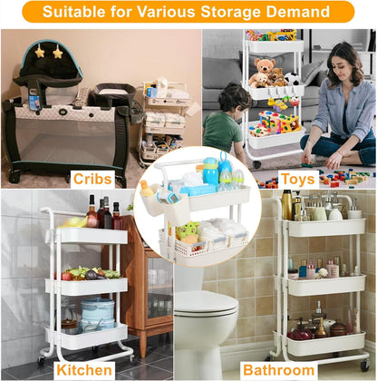 Baby Diaper Caddy Organizer Cart, 3-Tier Mobile Utility Rolling Cart with Baskets and Hanging Cups, Large Capacity Baby Essentials Storage Cart for Nursery, Changing Table & Crib, Easy to Assemble