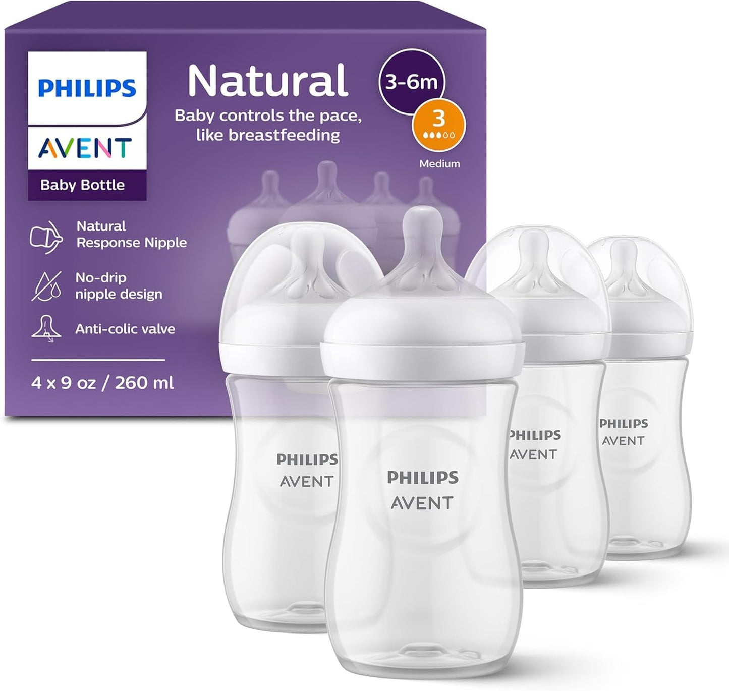 Philips Avent Natural Baby Bottles with Natural Response Nipples (Slow Flow, Flow 2), 4oz, 4-Pack, SCY900/04