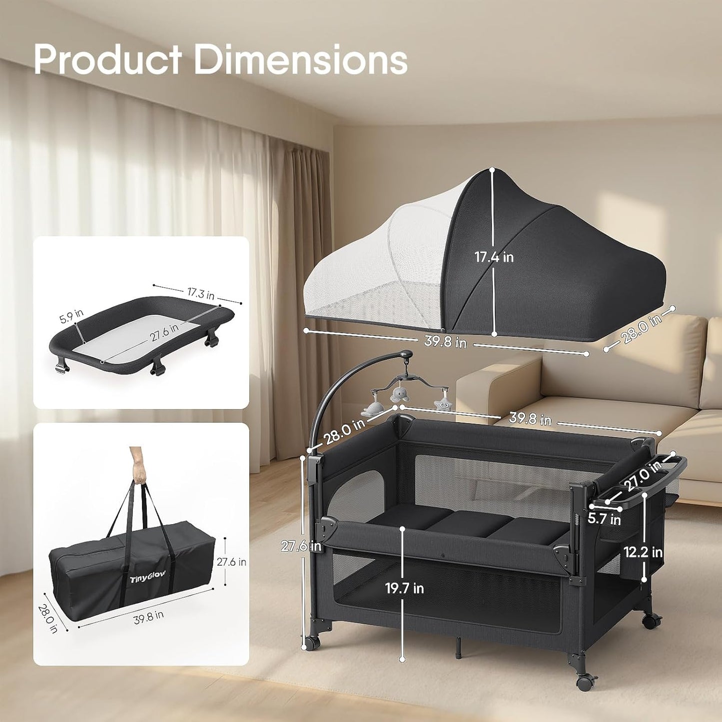 TinyGlow 4 in 1 Baby Bassinet, Pack and Play, Bedside Crib Sleeper, Diaper Changer, Quickly Assembled and Folded Portable Crib with Mattress and Mosquito Net, Easy to Carry