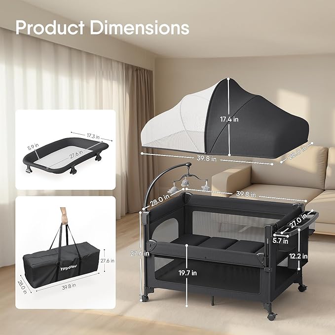 TinyGlow 4 in 1 Baby Bassinet, Pack and Play, Bedside Crib Sleeper, Diaper Changer, Quickly Assembled and Folded Portable Crib with Mattress and Mosquito Net, Easy to Carry