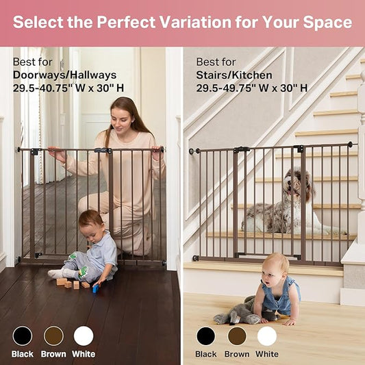 InnoTruth 29.5–40.75" Baby Gate for Stairs, 30" Tall Dog Gates for Doorways & Hallways, Safety Gate for Kids & Pets, Pressure-Mounted Walk-Through with Dual Lock & 2-Way Swing, Brown