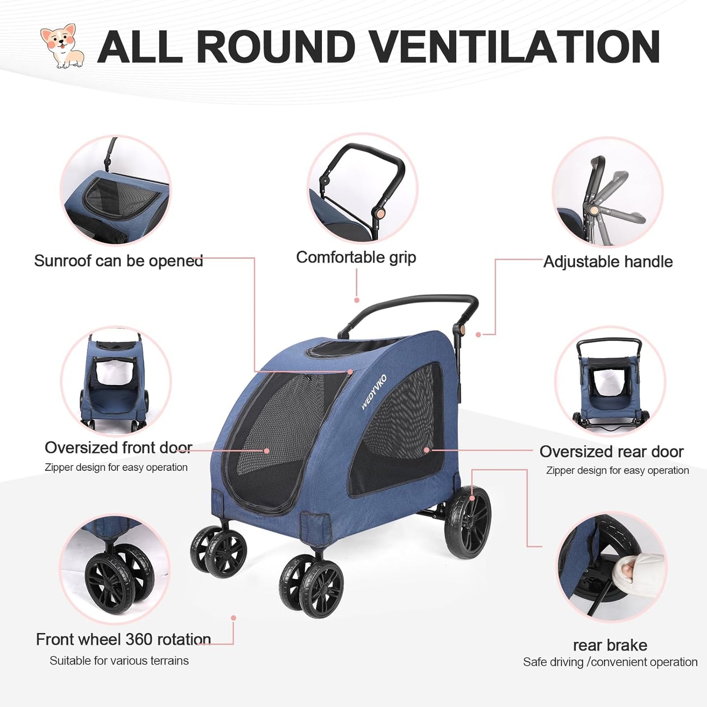 Large Dog Travel Stroller with 4 Heavy Duty Wheels Pet Stroller with Adjustable Handle - Double Doggie Capacity Jogger Wagon with Back Front Door for Small Medium Large Dogs (Dark Light Gray)
