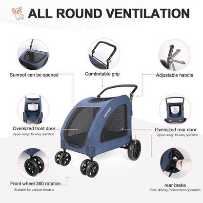 Large Dog Travel Stroller with 4 Heavy Duty Wheels Pet Stroller with Adjustable Handle - Double Doggie Capacity Jogger Wagon with Back Front Door for Small Medium Large Dogs (Dark Light Gray)