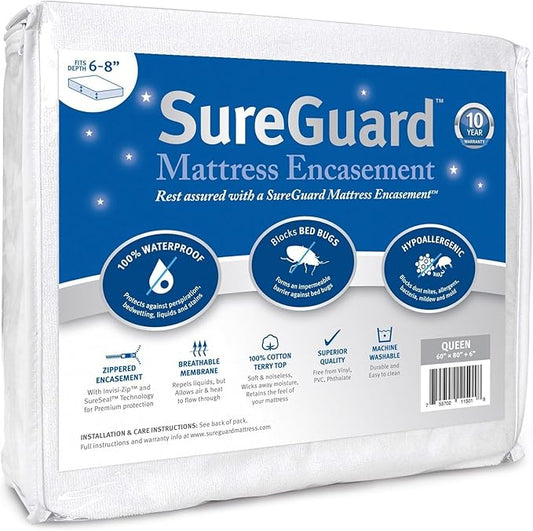 Queen (6-8 in. Deep) SureGuard Mattress Encasement - 100% Waterproof, Bed Bug Proof, Hypoallergenic - Premium Zippered Six-Sided Cover
