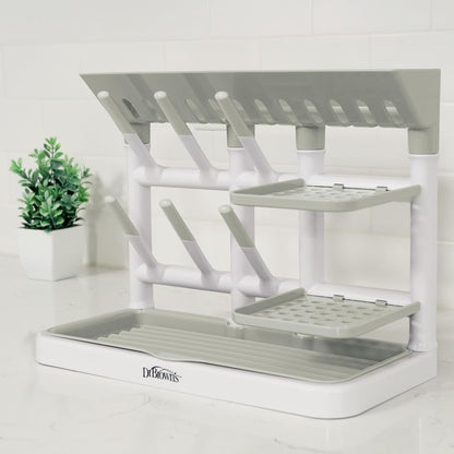 Dr. Brown's Baby Bottle Drying Tower, Stand-Up Countertop Drying Rack with Organized Storage for Baby Essentials, Space Saving Vertical Rack, Gray/White