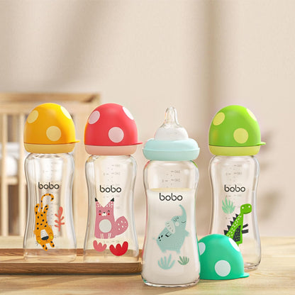YOHKOH Natural Glass Baby Bottle with Level 1 Slow Flow Nipple, Newborn Anti-Colic Baby Bottles, Wide Neck Mushroom Baby Glass Bottle (Multicolour-A, 3.4oz (Pack of 4))