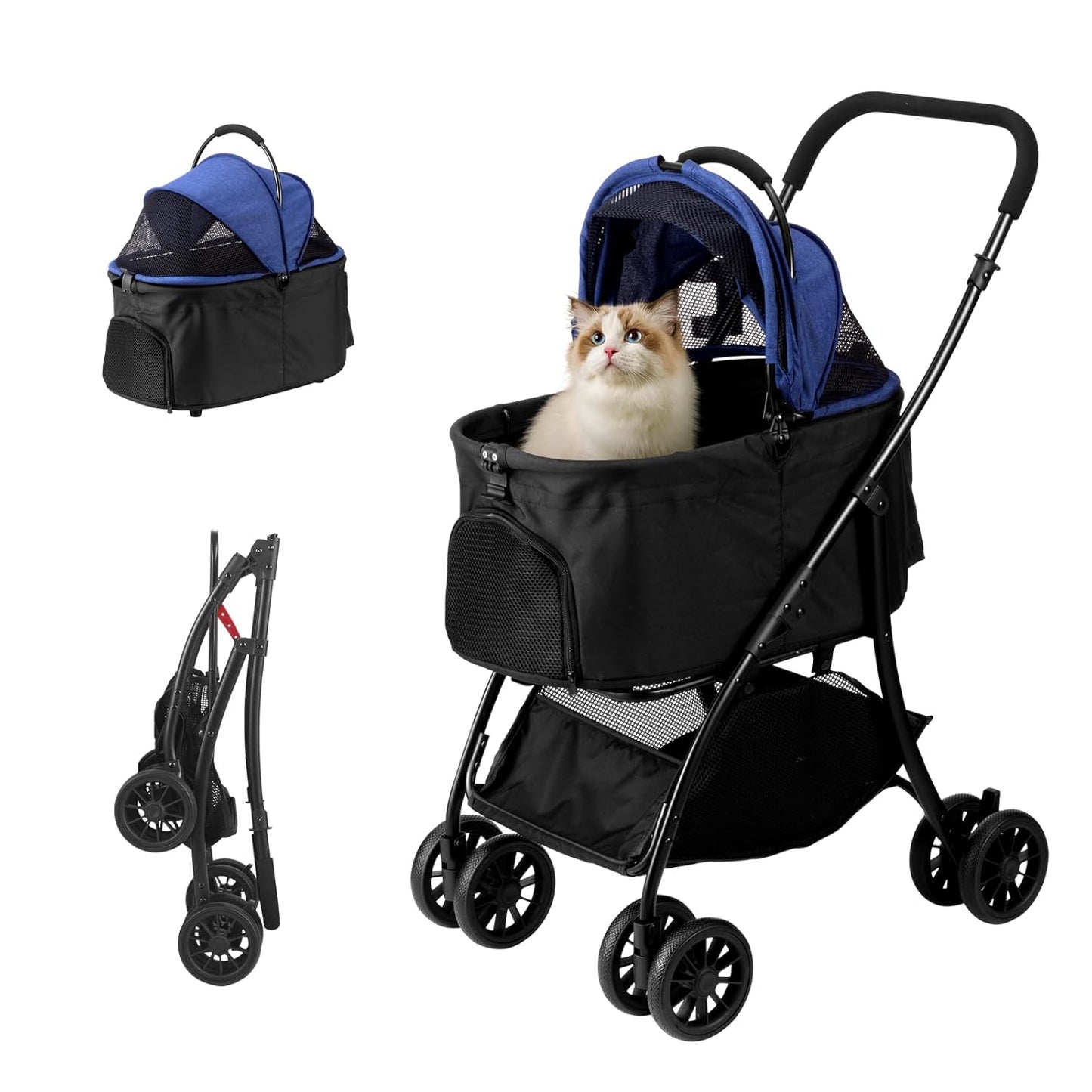 Pet Stroller Quickly Folds for Easy Storage Cat Stroller with Detachable Carrier Thickened Oxford Cloth Breathable Basket Dog Strollers for Small Dogs (Black)
