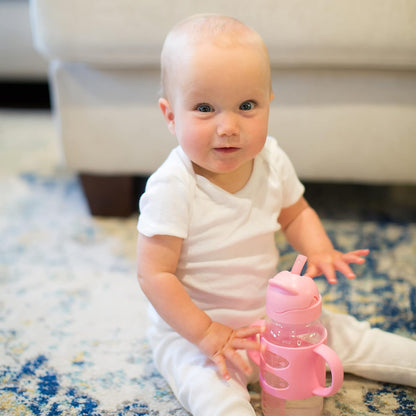 Dr. Brown's Milestones Wide-Neck Sippy Straw Bottle, Spill-Proof with 100% Silicone Handles and Weighted Straw, 9 oz/270 mL, Gray & Pink, 6m+, 2-Pack