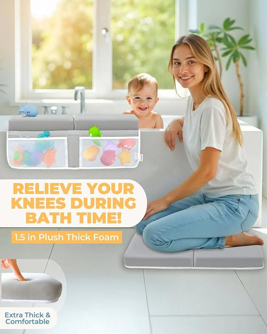 Comfortable Baby Bath Kneeler and Elbow Rest Pad Set – Thick Memory Foam Bath Kneeling Pad with Elbow Support – Baby Bathtub Cushion with Toy Organizer for Bathing Infant or Toddler - Grey