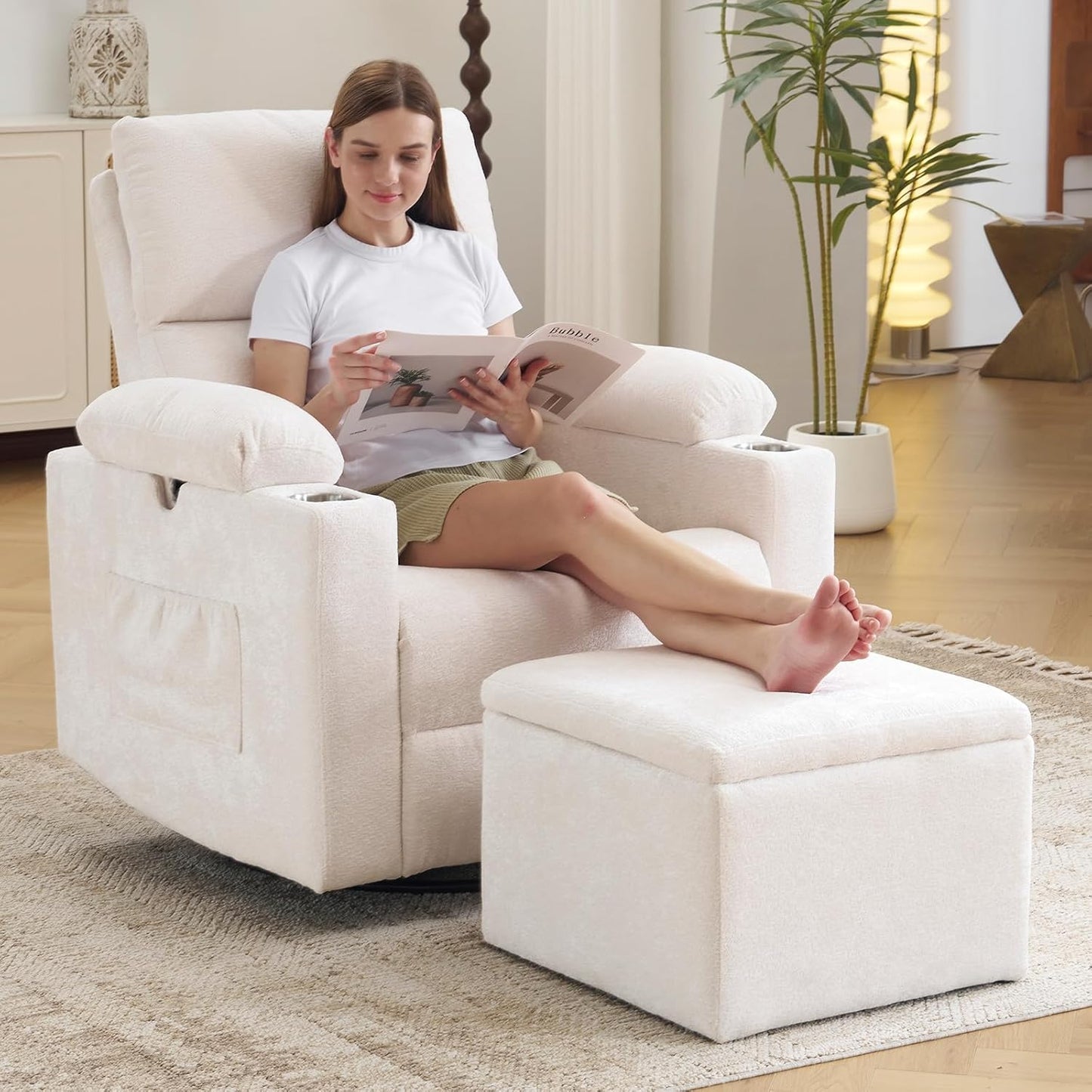 Rocking Chair Nursery with Adjustable Armrests, Electric Glider Recliner Nursing Chair for Breastfeeding, Power Swivel Recliner Chairs with Massage and Heat, Adjustable Headrest , FSC Certified, White