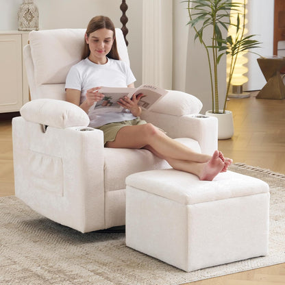 Rocking Chair Nursery with Adjustable Armrests, Electric Glider Recliner Nursing Chair for Breastfeeding, Power Swivel Recliner Chairs with Massage and Heat, Adjustable Headrest , FSC Certified, White