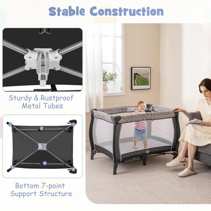 HONEY JOY Pack and Play with Bassinet, 4-in-1 Portable Baby Playard with Changing Table, Net & Cute Toys, Diaper Storage Bag, Music Box, Wheels with Brake, Foldable Newborn Play Yard w/Carry Bag