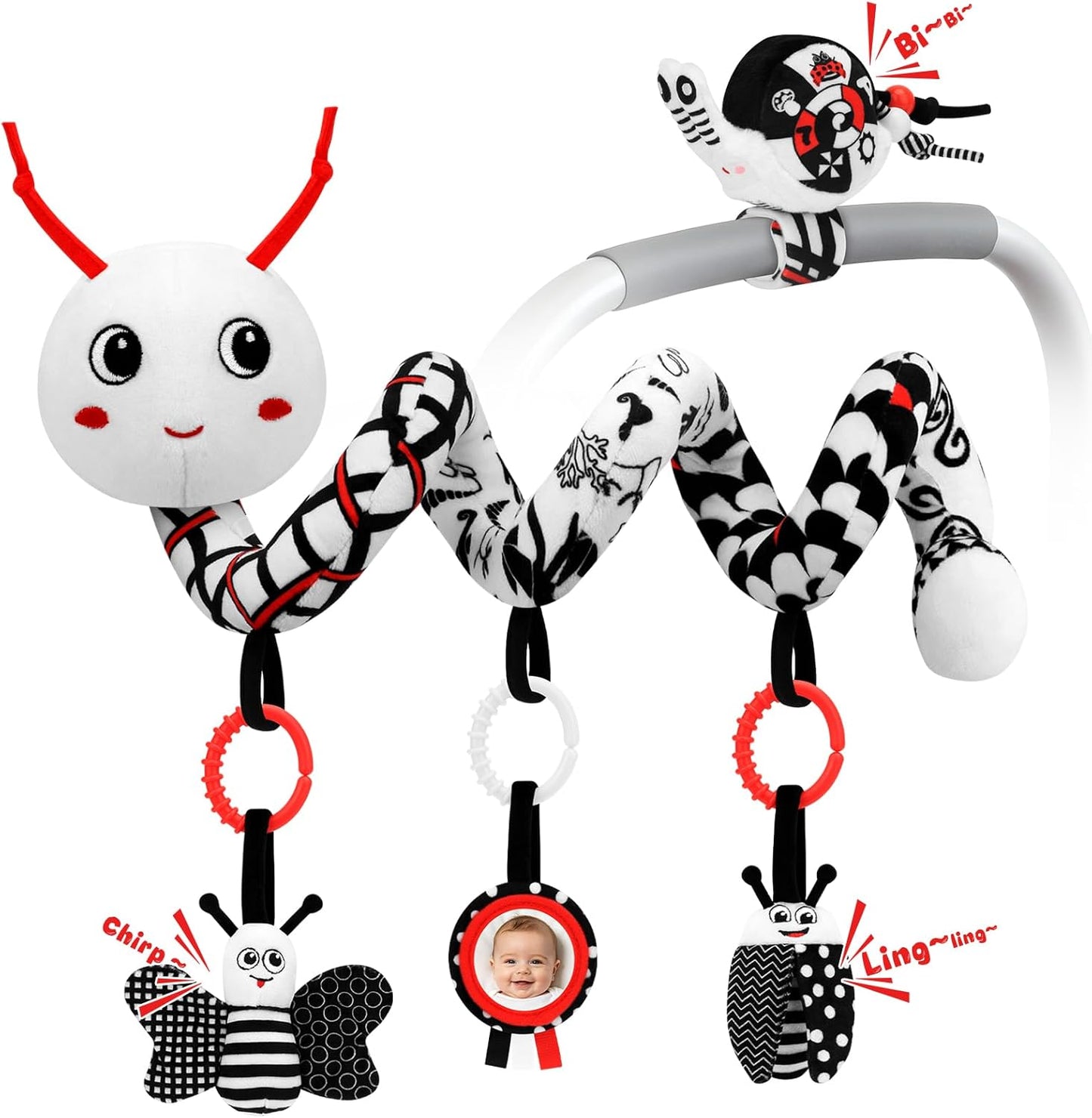 Car Seat Toys for Babies, 0-6 Months Stroller Activity Black White Baby Spiral Plush Toys Newborn High Contrast Sensory Carseat Toys with 4 Pendants Hanging Boys Girls Gift