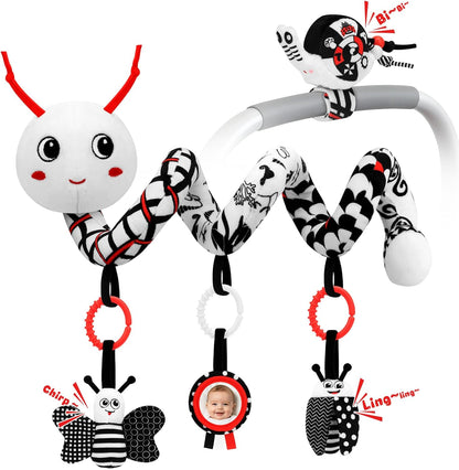 Car Seat Toys for Babies, 0-6 Months Stroller Activity Black White Baby Spiral Plush Toys Newborn High Contrast Sensory Carseat Toys with 4 Pendants Hanging Boys Girls Gift