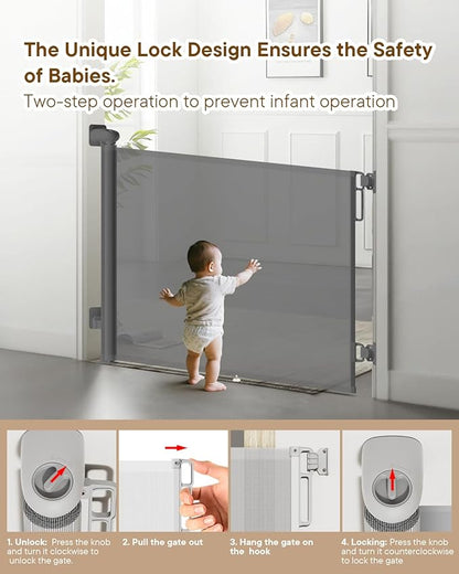 Retractable Baby Gates | 55" Wide x 34" Tall Dog Gates | One-Hand Operation | Baby Gates for Stairs, Doorways, Deck, Porch, Hallways, Patio - Gray