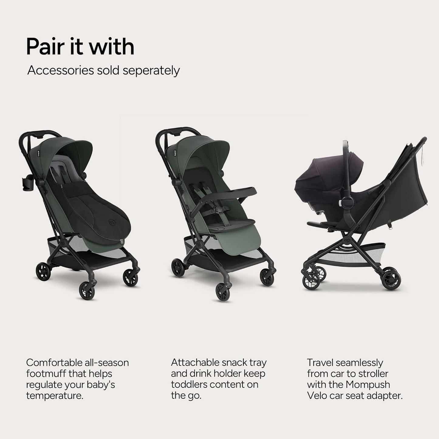 Mompush Velo Lightweight Travel Stroller, Compact & Airplane-Friendly for Baby and Toddler, Lie-Flat Seat, One-Hand Fold, with Leather Bumper Bar, Shoulder Strap, Raincover, Storage Bag & Cup Holder
