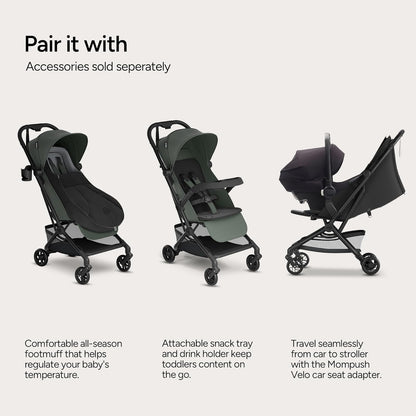 Mompush Velo Lightweight Travel Stroller, Compact & Airplane-Friendly for Baby and Toddler, Lie-Flat Seat, One-Hand Fold, with Leather Bumper Bar, Shoulder Strap, Raincover, Storage Bag & Cup Holder