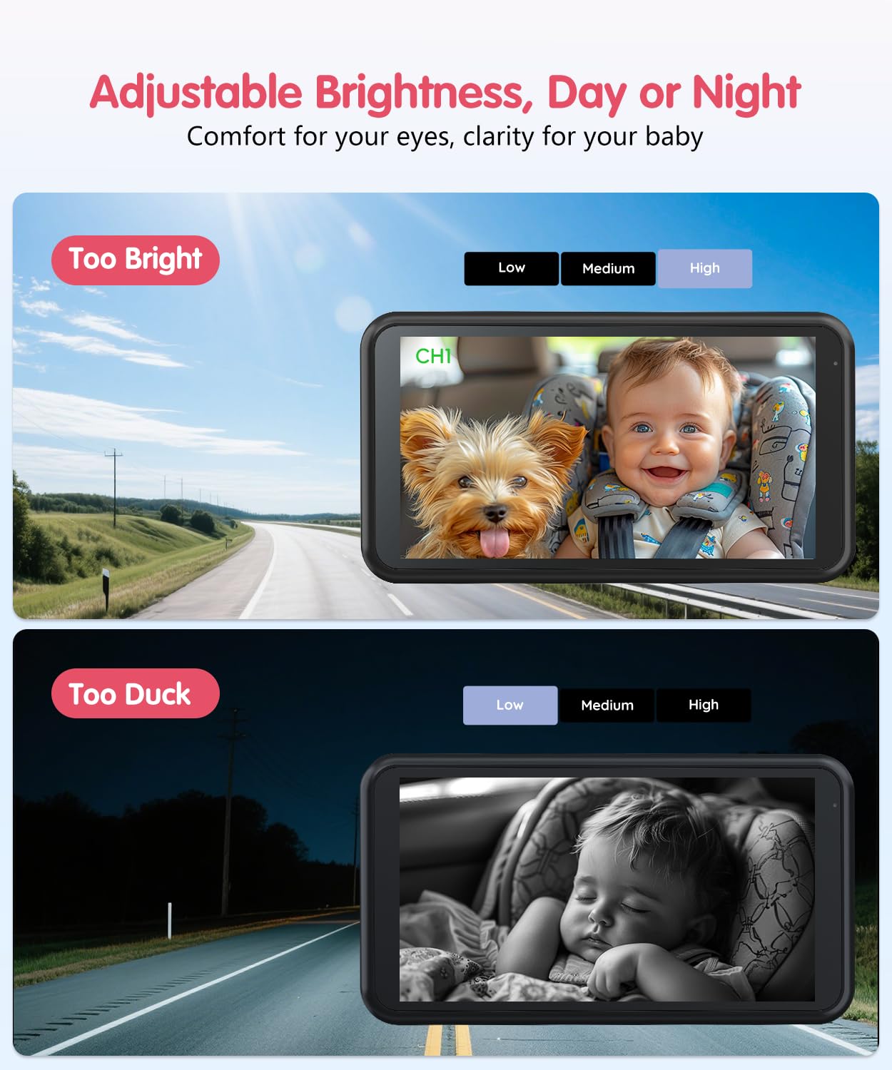 LUCKVIEW BM2 PRO Dual Baby Car Camera, 5.2" 1080P HD Display for Rear-Facing Car Seats, IR Night Vision, Anti-Shake Mount, Easy Install – Ideal for Parents with 2 Kids and Pets (Blue)