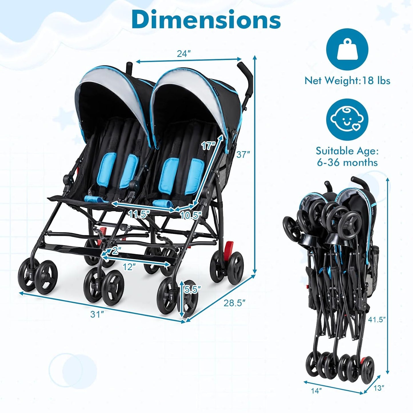 BABY JOY Double Umbrella Stroller, Lightweight Travel Side by Side Twin Stroller with Large Storage, Cup Holder, 5-Point Safety Harness, Adjustable Canopy & Compact Fold for Infant and Toddler (Black)