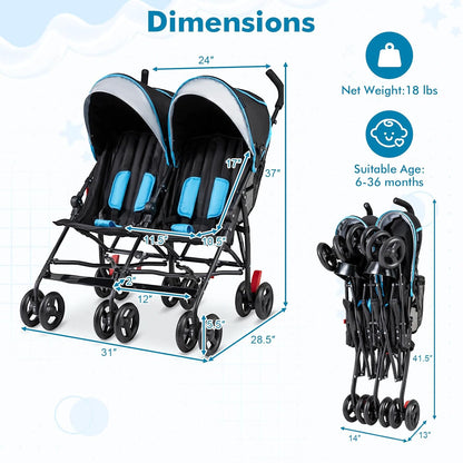 BABY JOY Double Umbrella Stroller, Lightweight Travel Side by Side Twin Stroller with Large Storage, Cup Holder, 5-Point Safety Harness, Adjustable Canopy & Compact Fold for Infant and Toddler (Black)