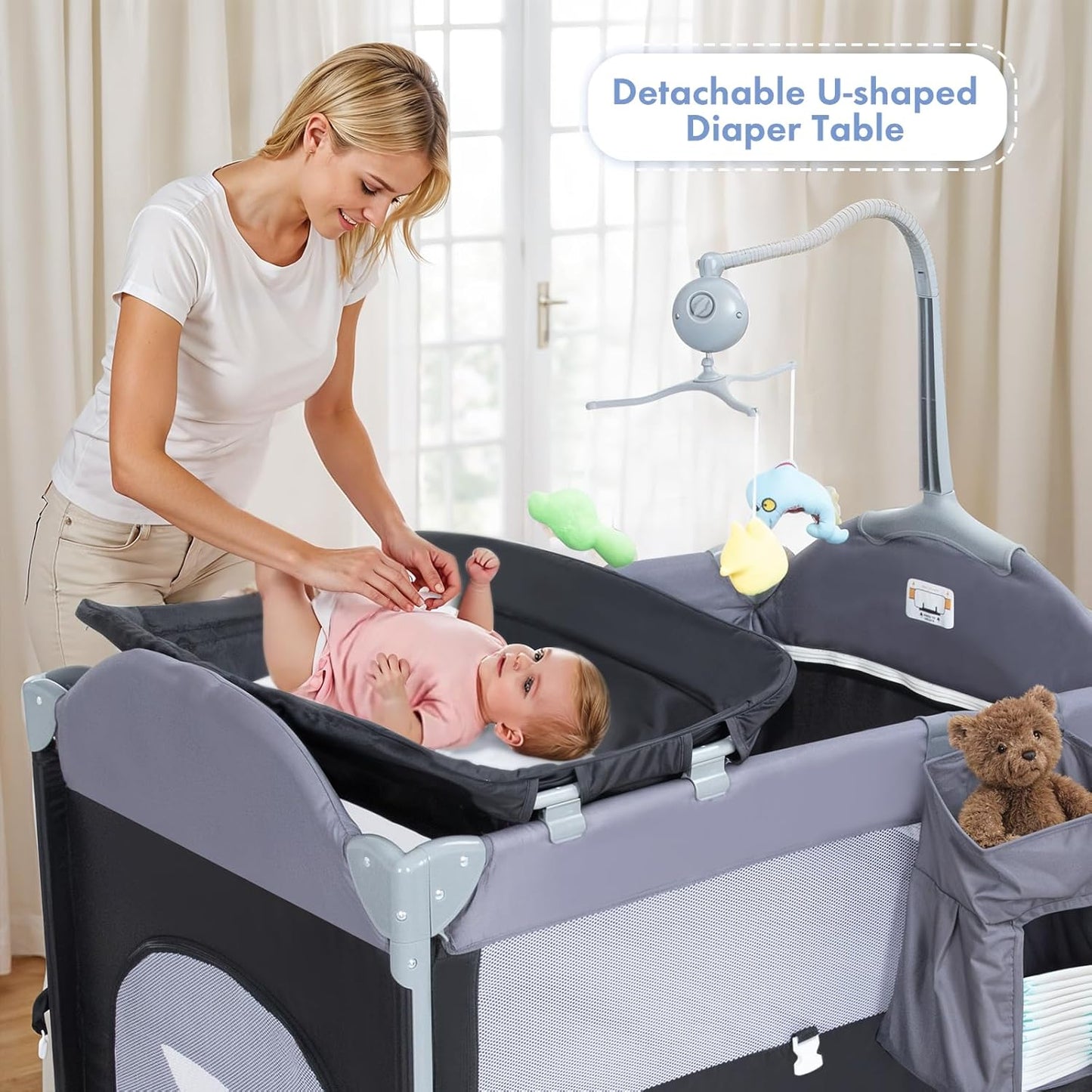 SIMPLGIRL 5-in-1 Baby Bassinet Bedside Crib, Pack and Play Long Next to Parents Bed Crib, Foldable Playard, Playpen Travel Bed Nursery Center for Girl Boy Infant Newborn