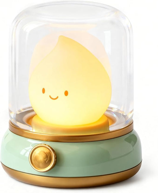 Cute Smiley Lamp, Portable LED Night Light for Bedroom, Camping | Rechargeable, Dimmable, Candle Flame Light, Desk Decor & Gifts
