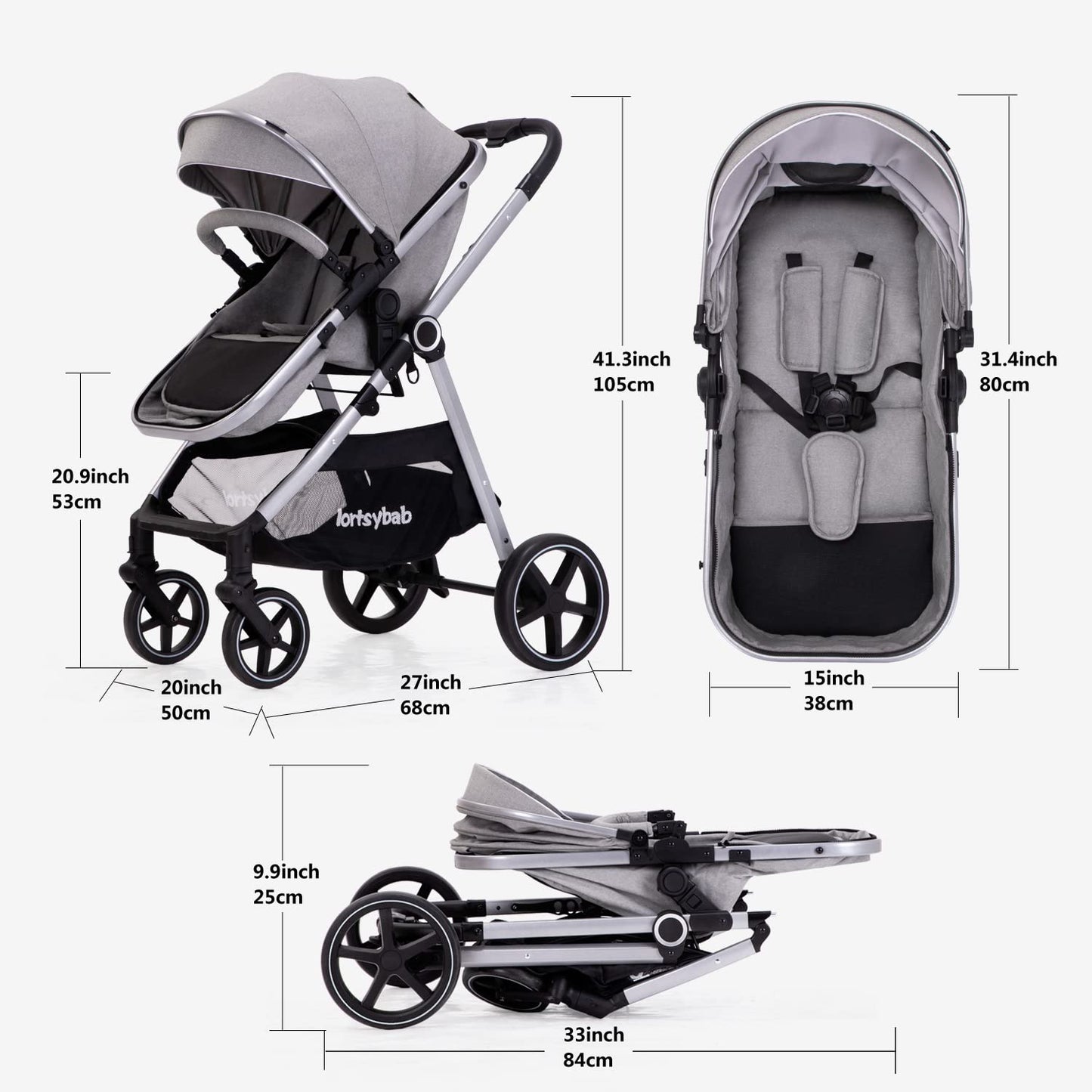 Lortsybab 2-in-1 Baby Stroller - Folding Infant Newborn Pram Stroller with Reversible Seat - Toddler Strollers for 0-36 Months Old Babies (Pink)