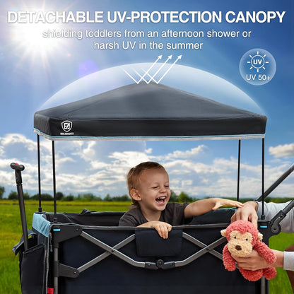 EVER ADVANCED Wagon Stroller for 2 Kids, Compact One-Step Fold Stroller Wagon with Adjustable Push/Pull Handles, Folding Wagon for Travel, Park & Beach, Includes Removable UV Canopy, Blue