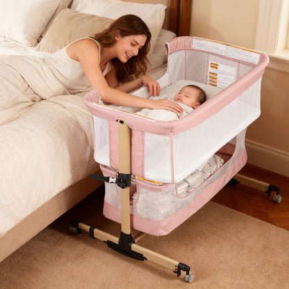 Baby Bassinet Bedside Sleeper, 3-in-1 Bedside Bassinet, 5 Height Adjustable Rocking Baby Crib, Breathable Full Mesh, Mosquito Net, Storage Basket, Stable and Secure Bassinets for Newborn (Pink)