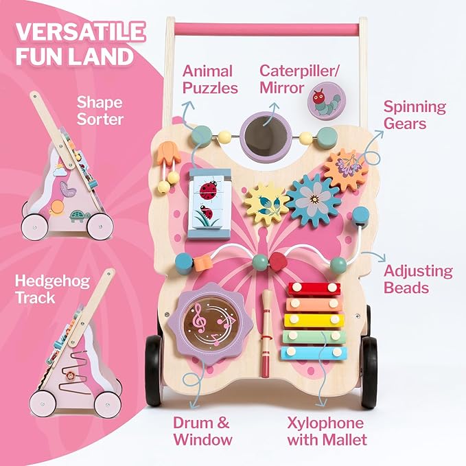 Wooden Baby Push Walker for Girls Toddler Kid 18-36months with Activity Center, Pink Butterfly Montessori Learning Push Walker with Wheels, Push Toy Develop Motor Skills Stimulates Creativity