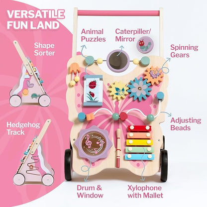 Wooden Baby Push Walker for Girls Toddler Kid 18-36months with Activity Center, Pink Butterfly Montessori Learning Push Walker with Wheels, Push Toy Develop Motor Skills Stimulates Creativity