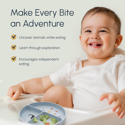 Silicone Suction Plates with Dividers - Grip Plates for Babies 6-12 Months and Toddlers 1-3, Toddler and Baby Dishes, Baby Led Weaning Essentials, Dishwasher Safe (Beige - Dogs and Cats)