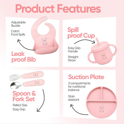 9-Piece Silicone Baby Feeding Set | Suction Bowl, Plate, Bib, Cup, Fork & Spoon | BPA-Free Food-Grade Silicone Baby Tableware | Baby-Led Weaning | Dishwasher (Pink)
