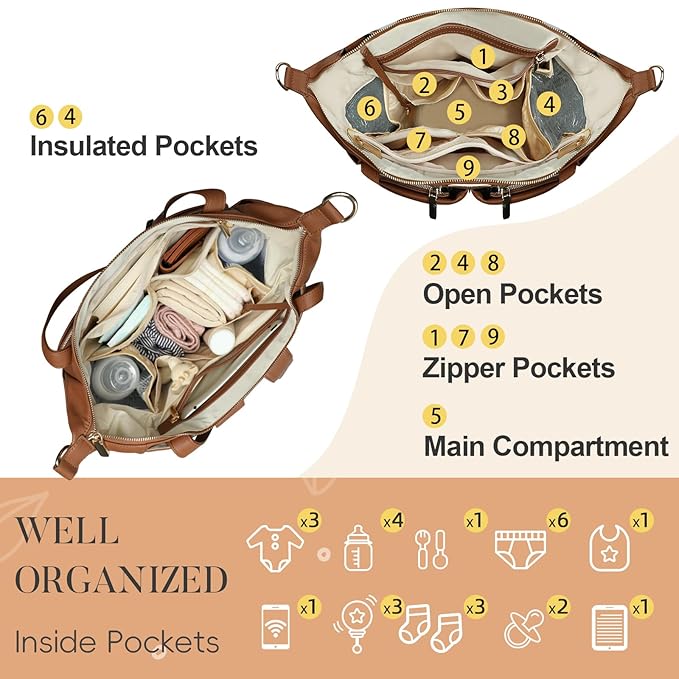 miss fong Diaper Bag Tote Leather Diaper Bag Backpack Pañaleras Para Bebe with 11 Pockets,Leather Diaper Tote with Diaper Changing Pad, Baby Bag for Moms Mommy Bag for Women