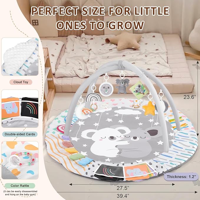Baby Play Gym & Activity Mat, Tummy Time Mat with Cloud Toy, 7 Detachable Sensory Toys and Educational Cards for Motor Skills & Sensory Development, Baby Essentials Shower Gift, Grey Koala