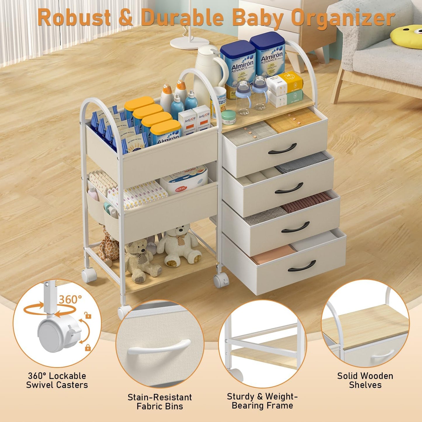 Baby Diaper Caddy Organizer Cart with Wheels, 4-Tier Rolling Diaper Cart with Dividers and Drawers, Multi-Layer Nursery Storage for Diapers & Baby Essentials