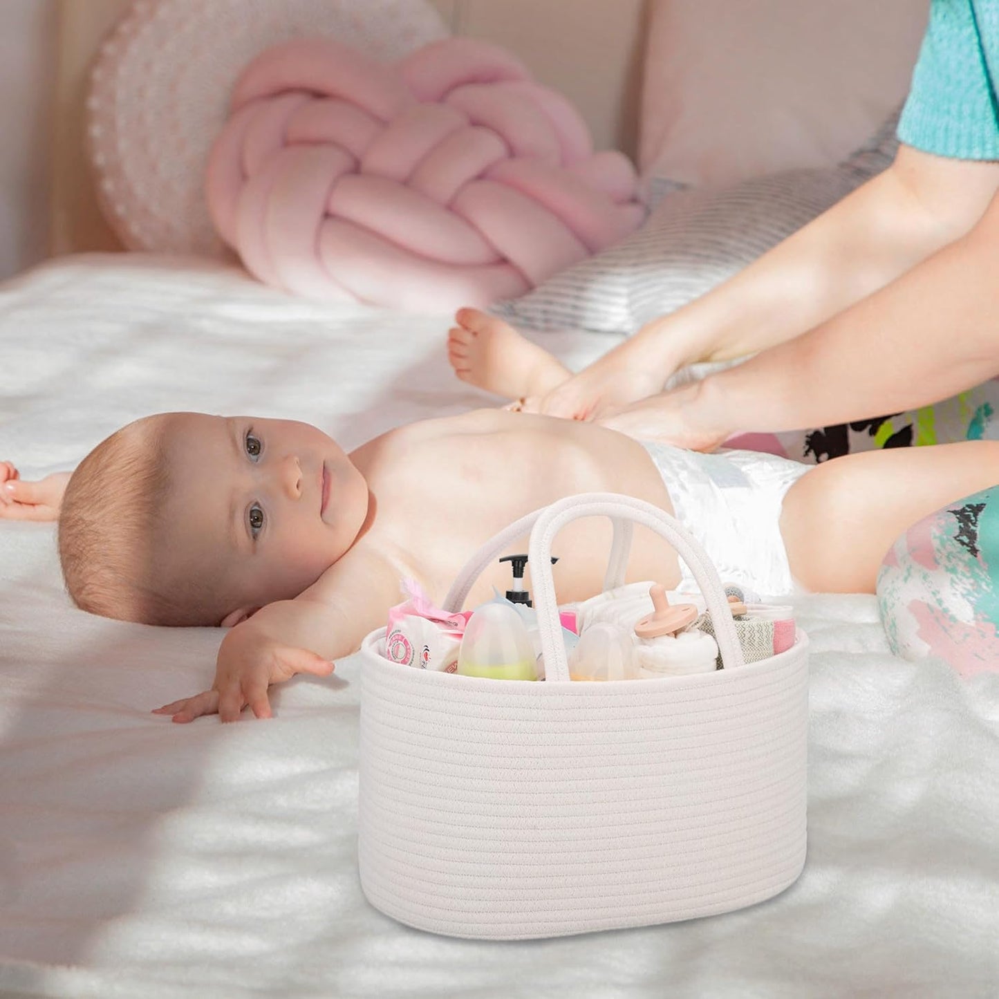 COMSE Baby Diaper Caddy Organizer, Car Caddy, Diaper Change Organizer, Gift Baskets Empty, Portable Tote Bag with Divider, Baby Shower Gifts Newborn Essentials Registry Must Have, Light pink
