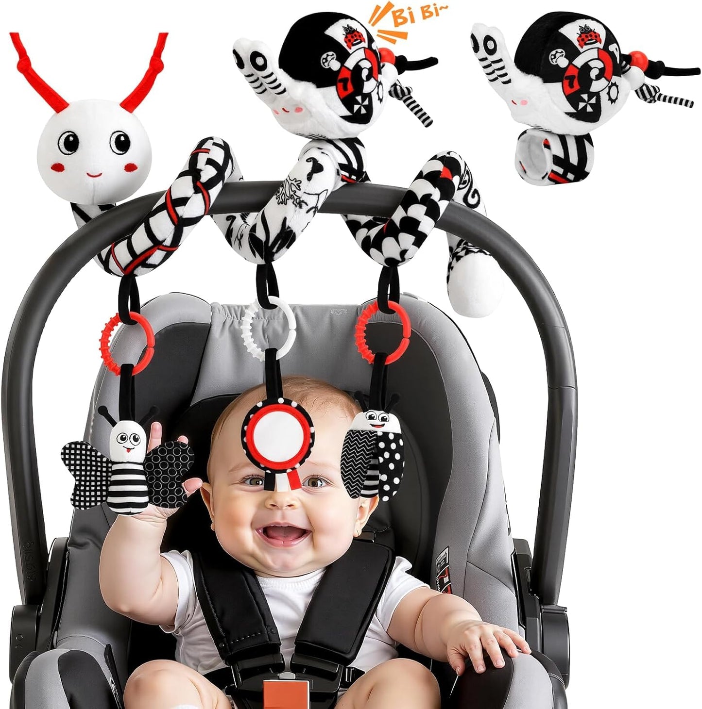 Car Seat Toys for Babies, 0-6 Months Stroller Activity Black White Baby Spiral Plush Toys Newborn High Contrast Sensory Carseat Toys with 4 Pendants Hanging Boys Girls Gift