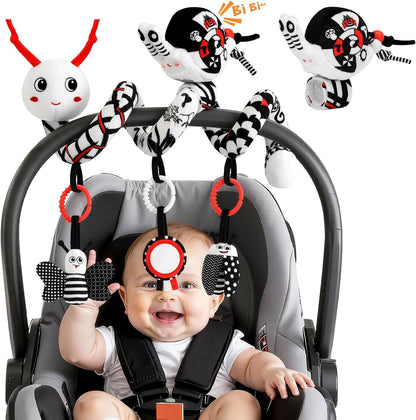 Car Seat Toys for Babies, 0-6 Months Stroller Activity Black White Baby Spiral Plush Toys Newborn High Contrast Sensory Carseat Toys with 4 Pendants Hanging Boys Girls Gift