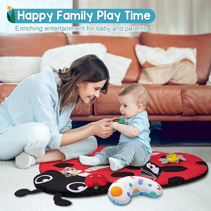 Jyusmile Baby Play Gym Mat, 8-in-1 Tummy Time Mat with 6 Toys, Washable Baby Activity Mat for Visual, Hearing, Sensory, Motor Development, Baby Essentials Gift for Newborn Infant 0-3-6-9-12 Months