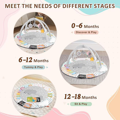 Baby Play Gym & Activity Mat, Tummy Time Mat with Cloud Toy, 7 Detachable Sensory Toys and Educational Cards for Motor Skills & Sensory Development, Baby Essentials Shower Gift, Grey Elephant