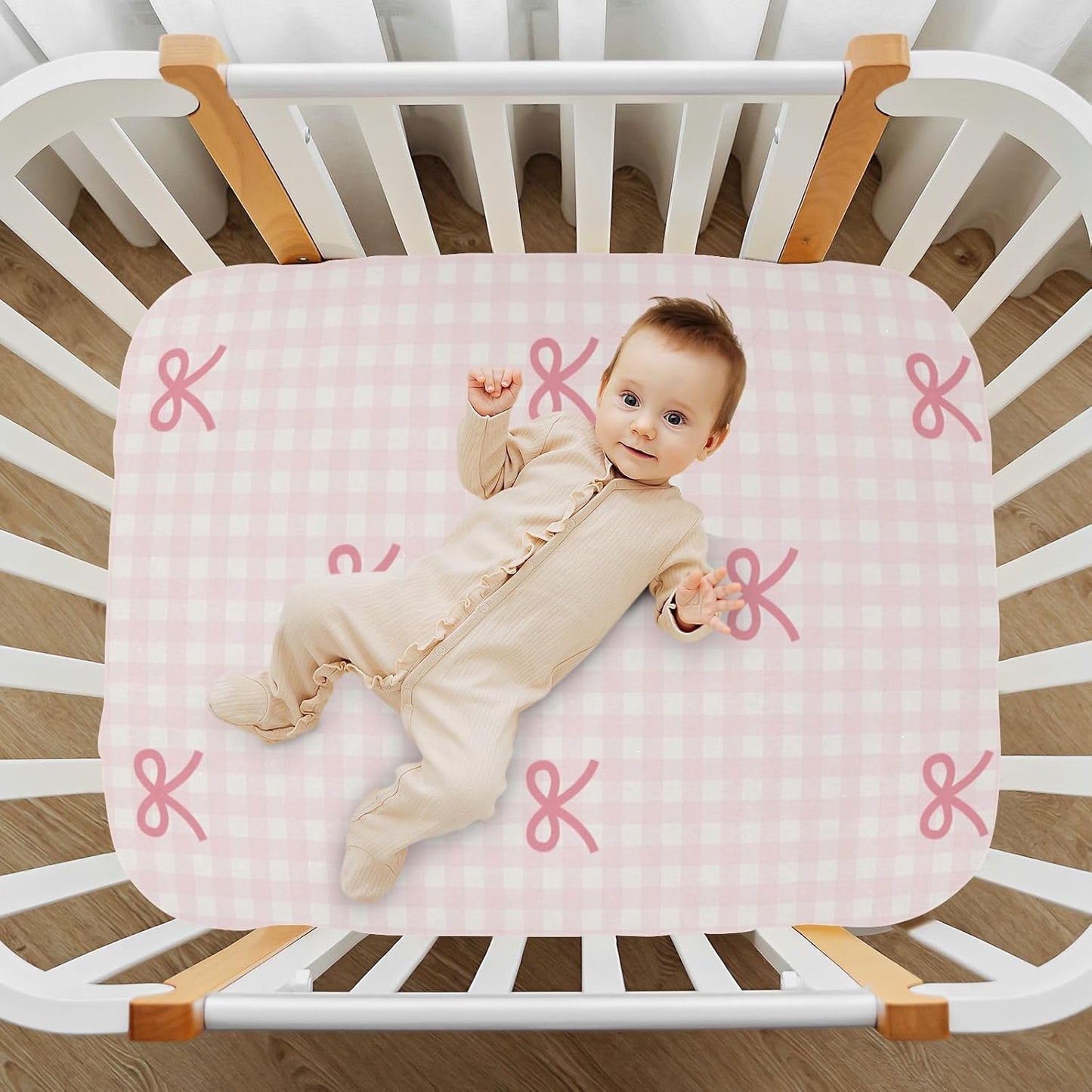 Fitted Crib Sheets Pink Checkered and Bows Stretchy Portable Playard Sheets for Baby Toddler, Breathable Soft Mini Crib Mattress 39 x 27 in for Boys and Girls