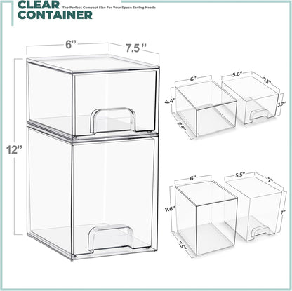 Sorbus Stackable Acrylic Storage Drawers – 2 Small + 2 Tall + 1 Wide – 5 Pack Clear Plastic Organizer Bins for Baby Bottles, Makeup, Bathroom & Vanity, Pull-Out Drawer Design for Kitchen Cabinets