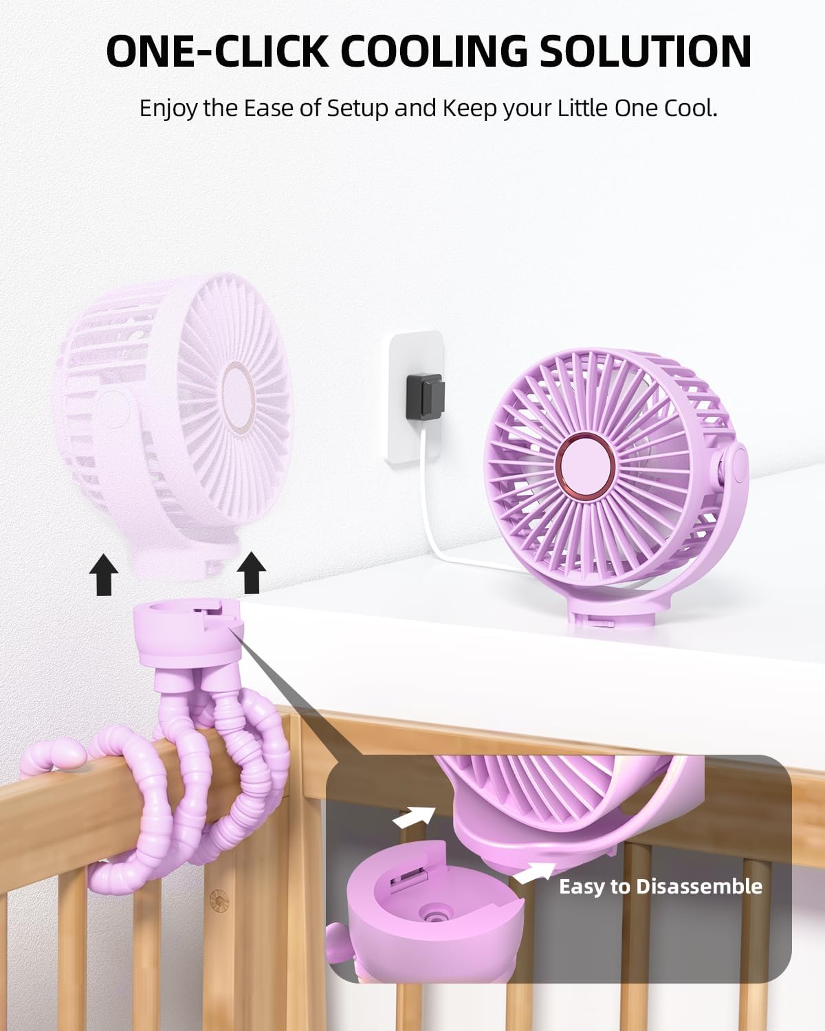 Portable Stroller Mini Fan, Small Rechargeable Personal Fan, Baby Travel Essentials for Wagon, Car Seat, Treadmill, Battery Powered Biking Gear Accessories, 360° Rotation, 3-Speed, Display, Black